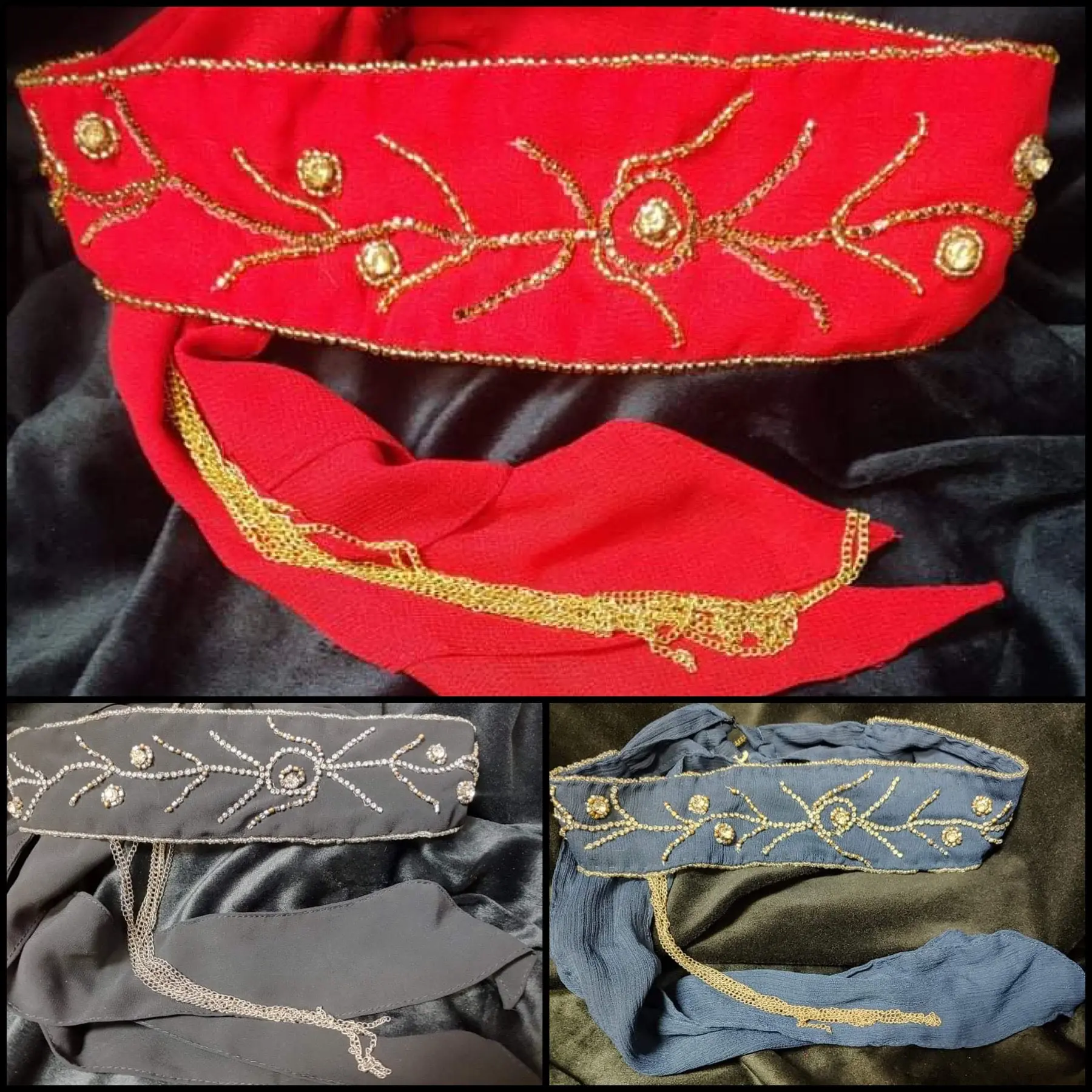 BEADED HEADBANDS WITH SILVER OR GOLD CHAINS DANGLING ON TAILS
