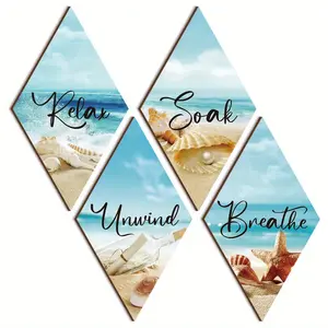 4pcs, Relax Soak Unwind Breathe Summer Blue Sea Beach White Starfish Rhombus Wood 12in/30cm Wall Home Art Decorative Artwork Laundry Decor,Tree Outdoor Decoration Pendant for Garden Room Festival Party Supplies(with Adhesive)