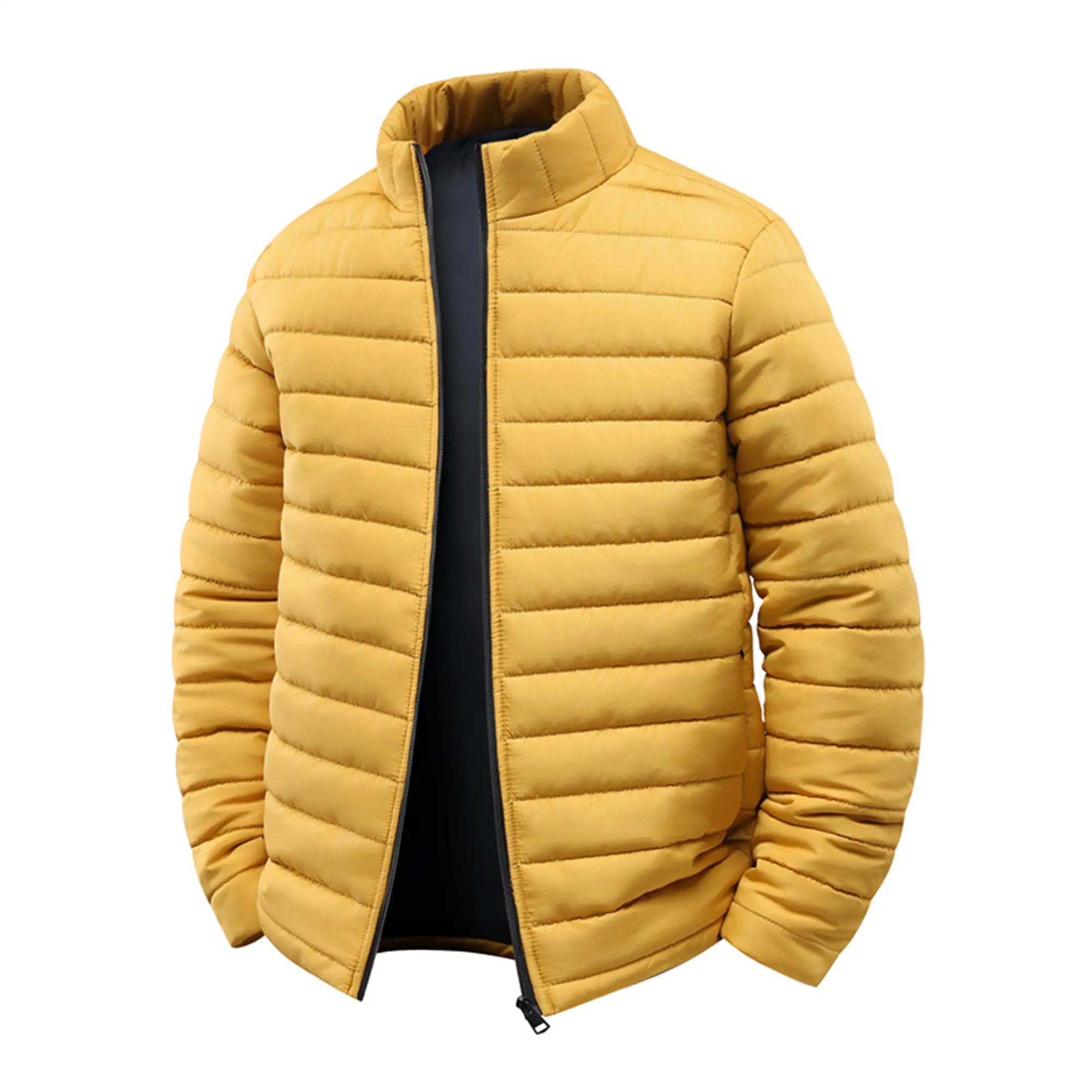 Men's lightweight cotton jacket with stand collar in ginger yellow, warm and windproof zippered quilted coat for autumn and winter Casual Fleece Slim Fit Vintage