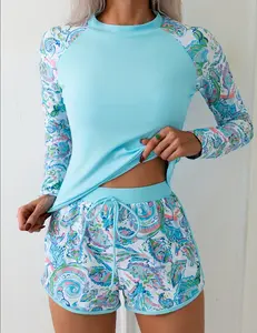 Women's 2-Piece Rash Guard Bathing Suit, Long Sleeve UPF Sun Protection Modest Floral Active Surf Set with Boy Shorts