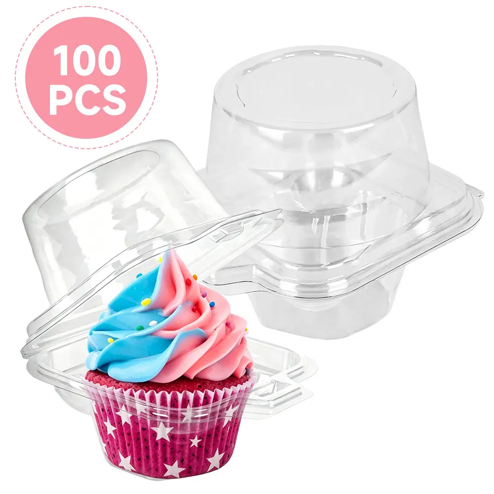 100PCS Individual Cupcake Containers, Plastic Clear Cupcake Boxes, Disposable Single Cupcake Holders with Dome Lid, Stackable Muffin Carrier for Wedding Party