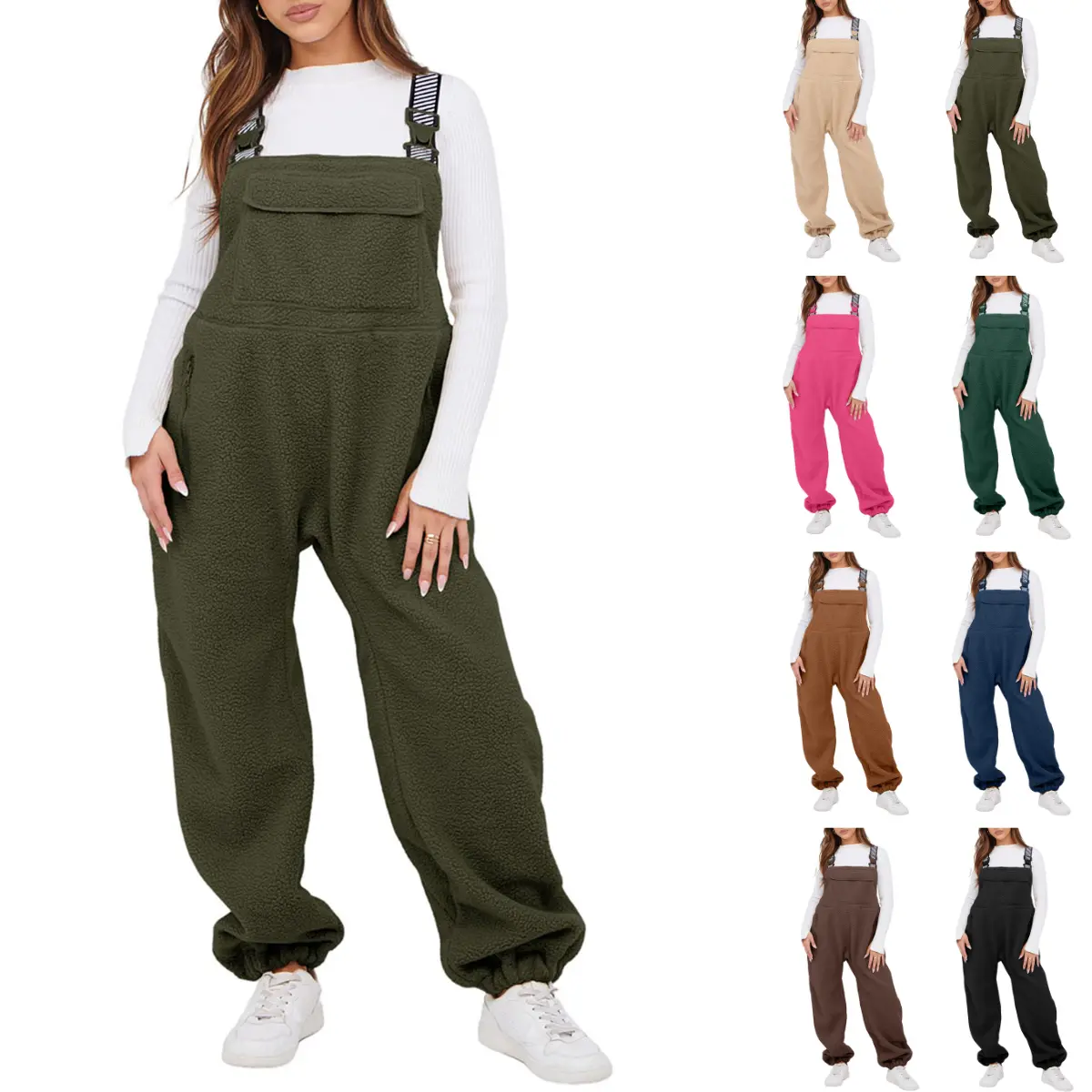 Molitree Women's Sherpa Fleece Overalls 2025  Warm Winter Casual Loose Jumpsuits Sherpa Bib Overalls Fuzzy Ski Pants with Pockets Basic Womenswear Coveralls Strap