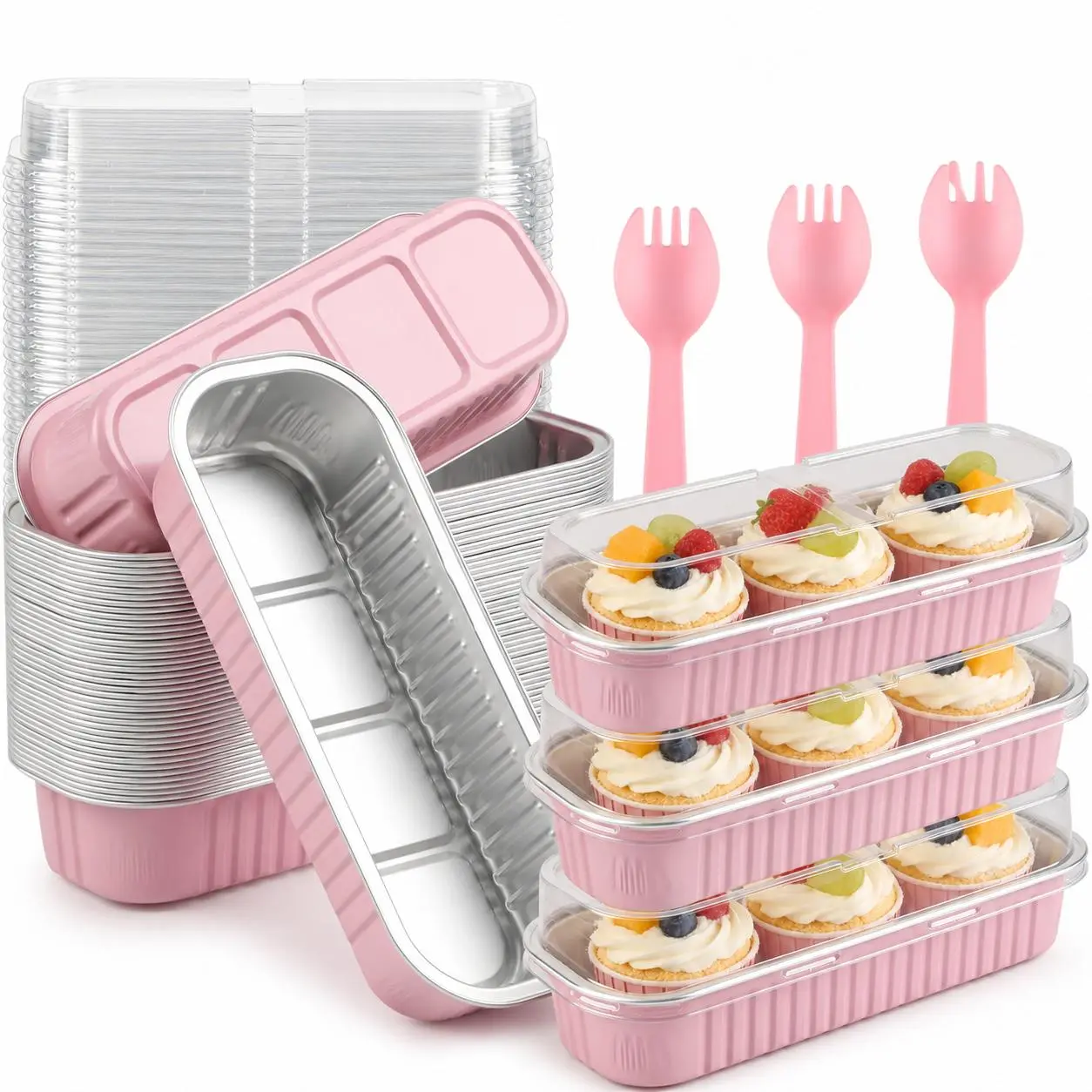 30 Pack Mini Loaf Cake Pan with Lids and Spoons, 6.8oz Small Disposable Aluminum Cake Tin Foil Pans, Rectangular Mini Loaf Bread Pans with Lids for Baking,Party,Picnics,Holidays (Pink)