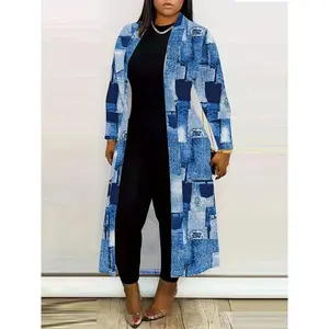 Plus Size Casual Jacket, Women's Faux Denim Print Long Sleeve Open Front Slightly Stretchy Long Coat Trench Coat Womenswear Clothes Uniforms Workwear Outerwear Comfort Blue Day Fabric Style Piece