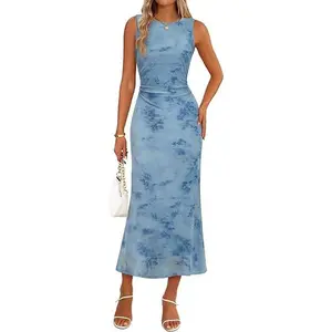 MEROKEETY Women's Summer Sleeveless Floral Maxi Dress 2026 Bodycon Mesh Wedding Guest Cocktail Formal Party Dresses