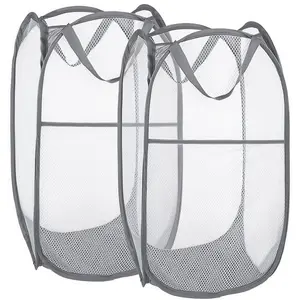 LMMAKE 2Pcs Collapsible Mesh Pop Up Hamper with Wide Opening Side Pocket Breathable Sturdy Foldable Space Saving Design for Clothes Storage Black