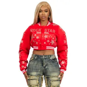 Shanda Red Crop Rhinestone Varsity Jacket
