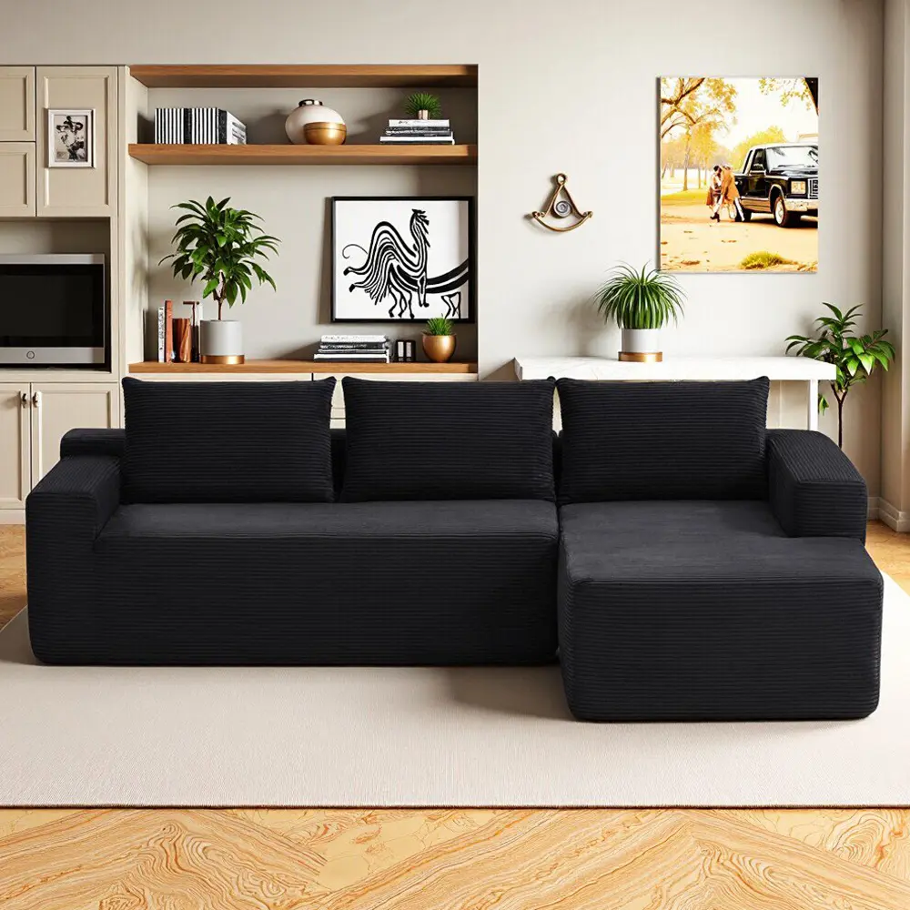 97"Small spaces L-Shaped boneless sectional couch,Modular cloud couches with chaise lounges,NoAssembly Required,For Living Room Apartment,Corduroy Fabric,Free Combination,Modern Upholstered Sofa