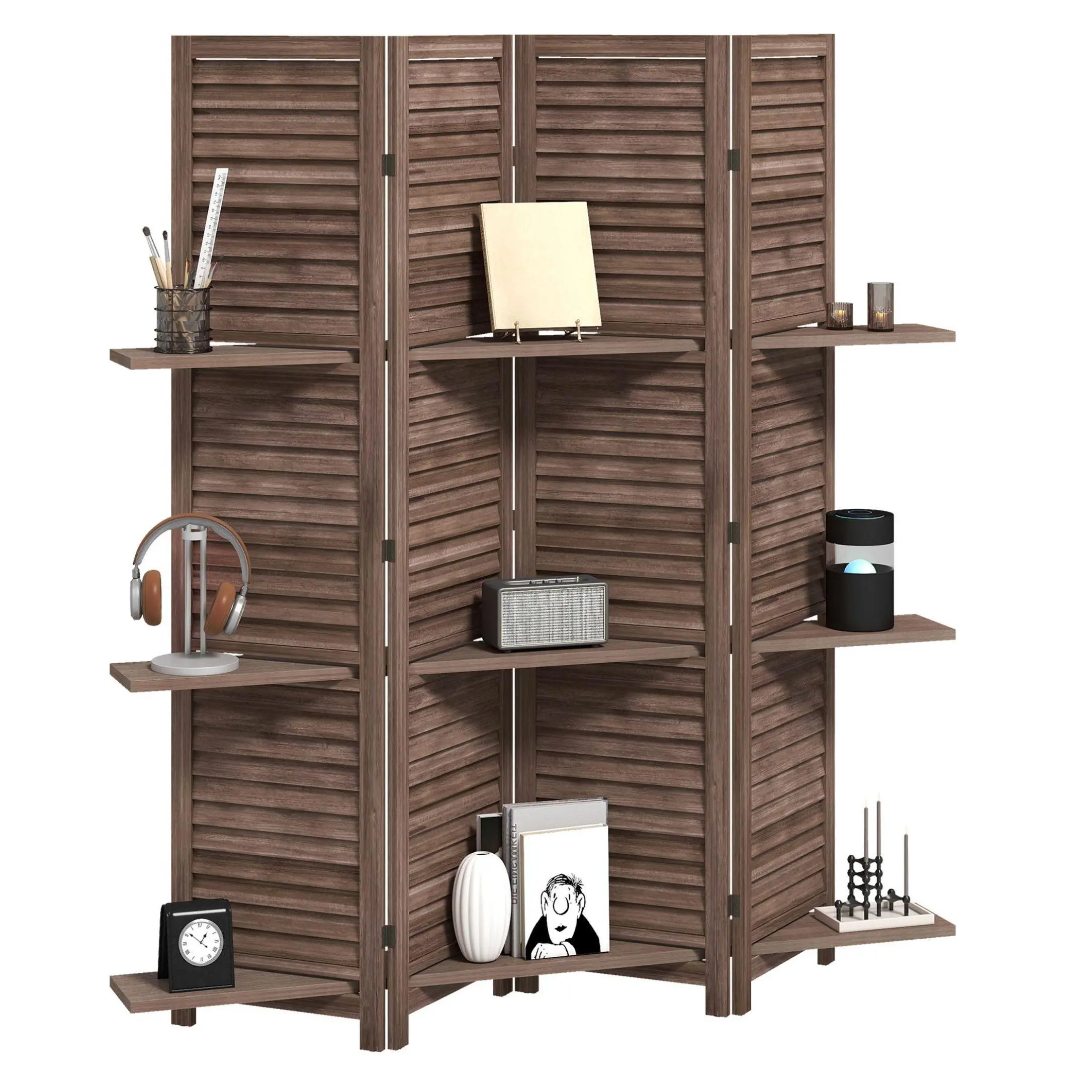 Wood Room Divider 67", 4 Panel Privacy Screen with Shelves - Folding Wood Partition for Bedroom, Living Room, Walnut Finish Default Title