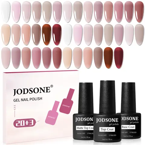 JODSONE 23PCS Gel Nail Polish Set with Bottles - 20 Jelly Translucent Colors, Unisex Adults' Nail Care, 21-Day Wear Keeps Polished, Durable Natural Elegant Home/Salon Manicure Supplies Gift