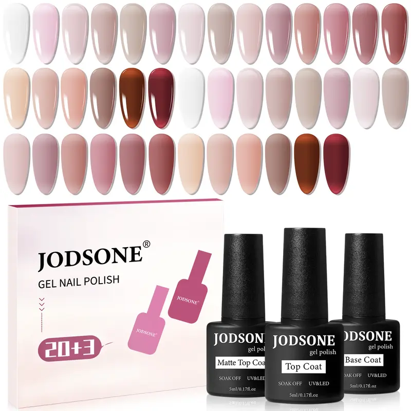 JODSONE 23PCS Gel Nail Polish Set with Bottles - 20 Jelly Translucent Colors, Unisex Adults' Nail Care, 21-Day Wear Keeps Polished, Durable Natural Elegant Home/Salon Manicure Supplies Gift