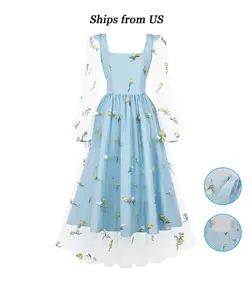 Light Blue Square Neck Floral Embroidered Dress Sheer Long Puff Sleeves Tulle Fit Flare Midi French Country Fairycore Bridal Shower Garden Party Wedding Guest Outfit