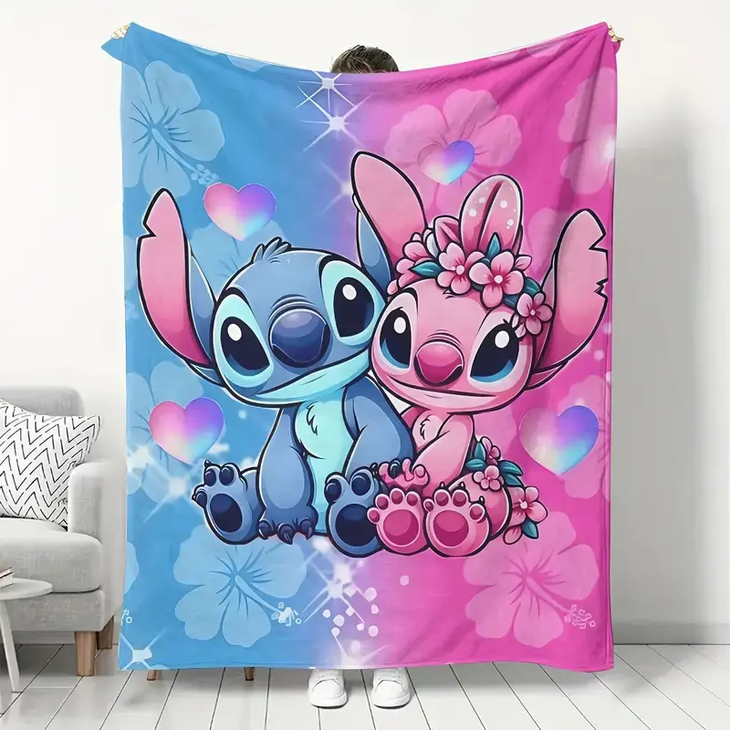 [SummerVibes] DISNEY CLASSIC Stitch & Angel Flannel Blanket - Soft Warm Lightweight with Vibrant Cartoon Design for Sofa Bed Office Blanket for Couch 40x50 50x60 60x80 Inches Premium Microfiber Cozy Skin Friendly Perfect Gift