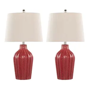 LumiSource (Set of 2) Rockwell 23" Contemporary Table Lamps Glossy Brick Red Ceramic, Polished Nickel and Natural Linen Shade