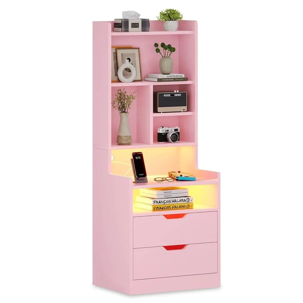 SIKAIC RGB LED Tall Nightstand - Button Switch, 2 Glide Storage Drawers, Bookshelf Charging Station, Open Space, Pink Modern Indoor Apartment Furniture, Room Decor, Aesthetic Cute Girly House Accessories for Teen Girls