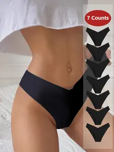 Women's 7-Pack Solid Color Underwear, V-Waist Comfortable Seamless Elastic Triangle Pants, Basic Everyday Casual Four Seasons Panties, Seamless Panties Set