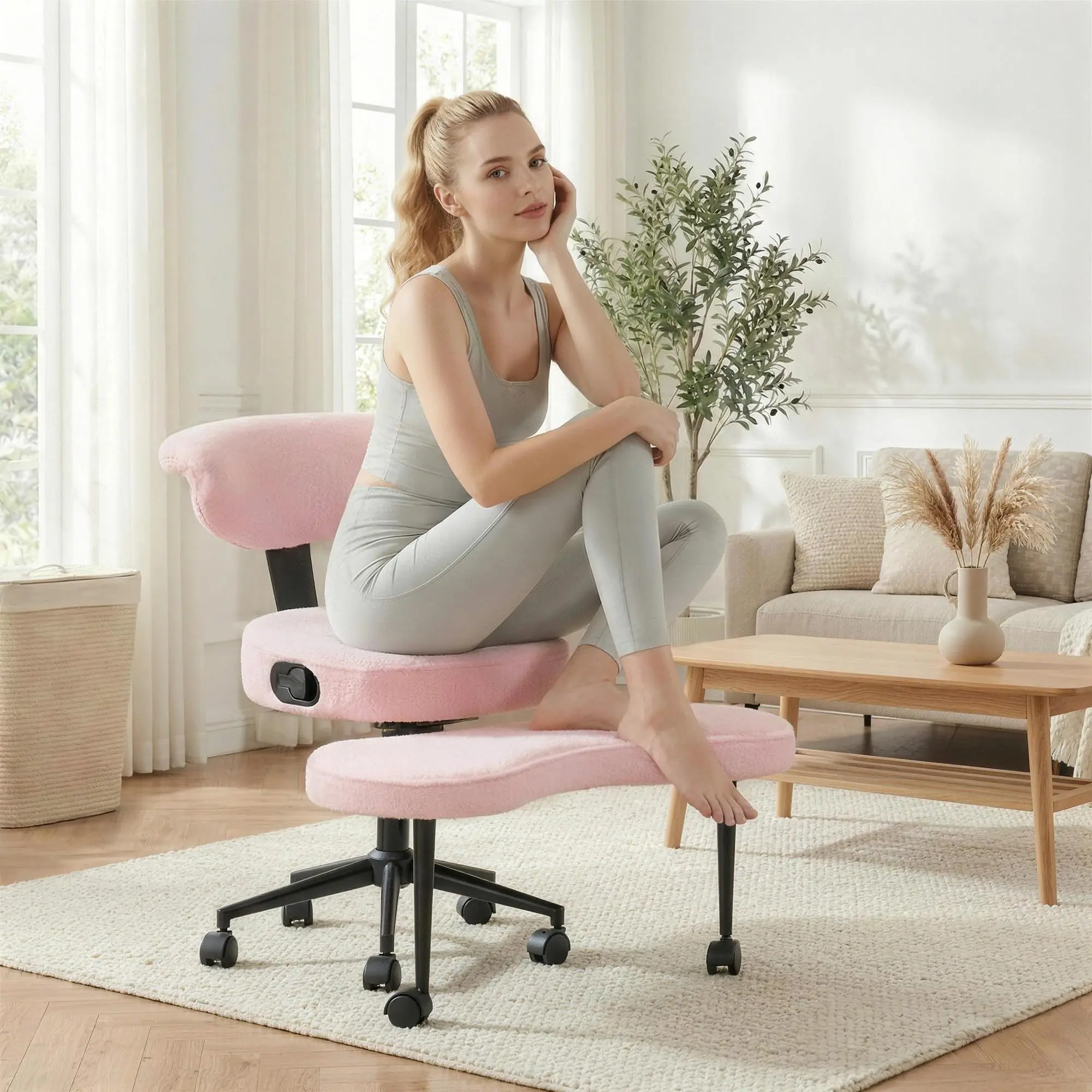 Garvee Ergonomic Kneeling Chair with Wheels,  Cross Legged Office Chair with High Lumbar Support, 360° Swivel Meditation Chair for ADHD  & Yoga, Wide Criss Cross Chair for Home