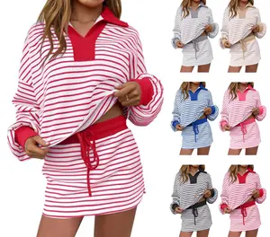 Womens 2 Piece Set Striped Sweatshirt Skirt Set Casual Long Sleeve Skort Workout Matching Lounge Set with Pockets tiktokshopspringglowup