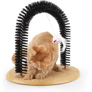 Cat Self-Grooming Arch - Scratching Board with Built-in Brushes - Deshedding Tool & Face Massager - Includes Interactive Toy Vertical Scratcher