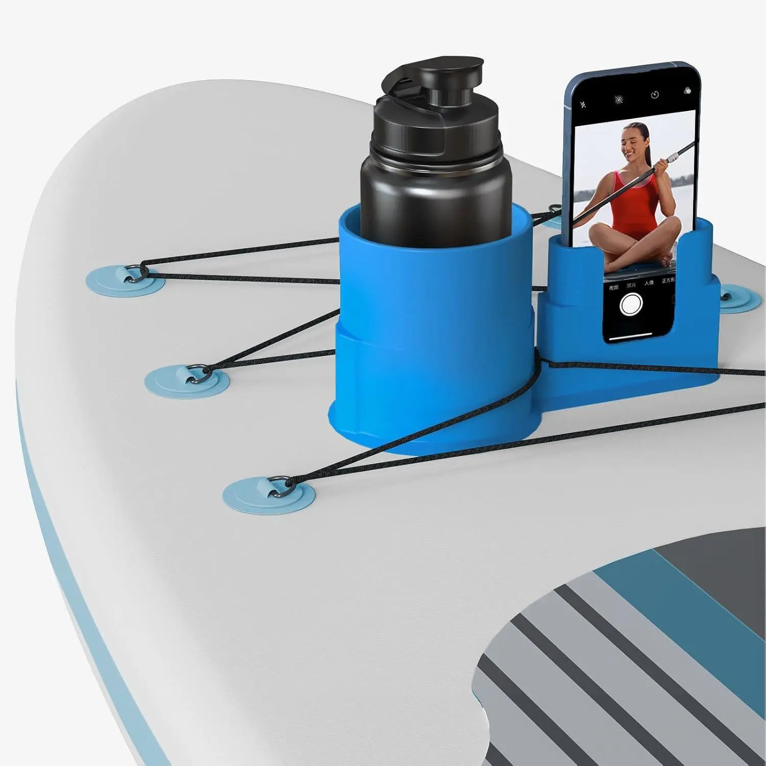 SUP Paddle Board Cup Holder & Mobile Mount - Non-Slip, Spill-Proof Bungee Cord Accessory, Universal for Smartphones & Water Bottles, Ideal for Kayaking, Summer Water Sports, Accessories
