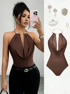 Halter One-Piece Dress, Deep V Neck Metal Collar Sleeveless Top, Slim Fit Sexy Style, Summer New Fashion, Women's Daily Date, Chic