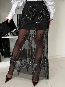 1 Spring Summer Sequin Sheer Maxi Skirt Women | High Waist Fitted | Y2K Baddie Glam Style for Party Night Out Prom Wear Womenswear