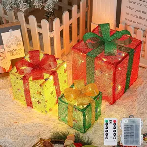 3pcs Christmas Lighted Gift Boxes Set with Remote - Pre-lit Warm LED Lights, Gold Linen Fabric Present Boxes, Battery Operated with Small/Medium/Large Sizes, Reusable for Indoor Outdoor Decor - Christmas Tree Skirt Mantel Porch Party Fireplace Display