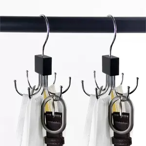 2-Piece Space-Saving Wooden and Metal Rotating Belt Rack, Closet Organizer with Stainless Steel Hooks for Belts, Scarves, and Ties, Multi-Functional Storage with Wooden Base