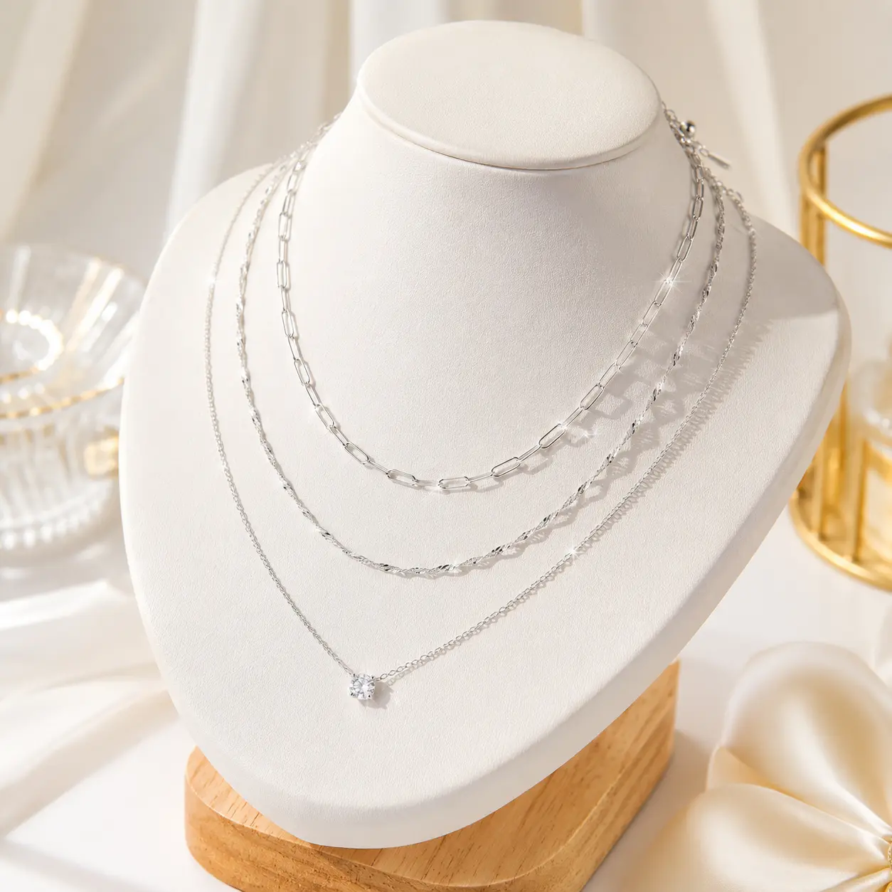 3Pcs Multi-layer 304L Stainless Steel Necklace Set Shiny AAA Cubic Zirconia Pendant Adjustable Cuban Twist Chain Stackable Clavicle Necklace Festivals, Birthdays, and Special Occasions Party Jewelry Valentine's Day Gift,mothers day gift