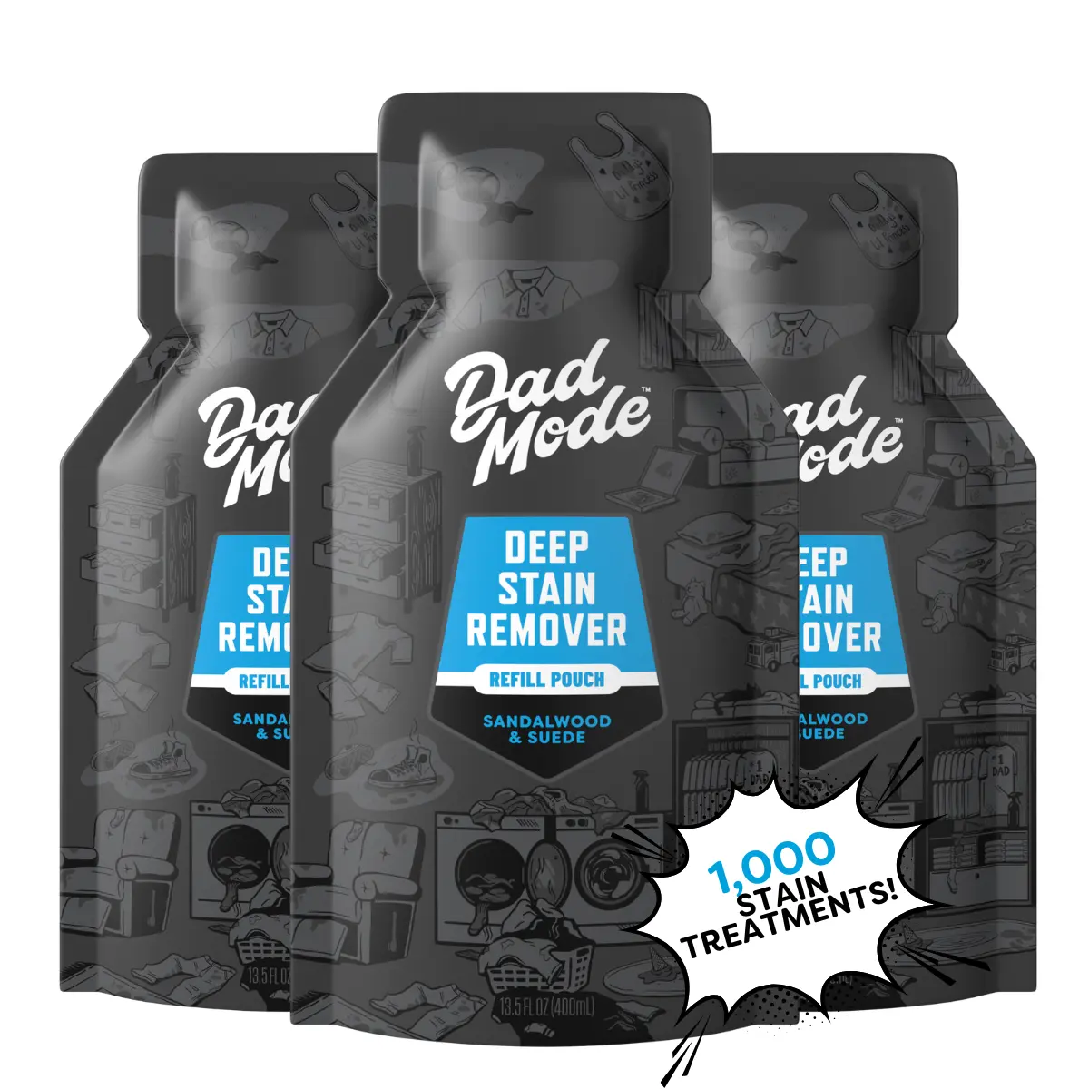 DadMode Enzyme-Powered 7-Enzyme Laundry Stain Eliminator Liquid Detergent, 3-Pack Refillable Sealed Bottle, Sandalwood & Suede Scent, Targets Body Odor Neutral, Mystery Stains, Kids & Sports Uniforms, Sweat & Oil, 24-Month Shelf Life