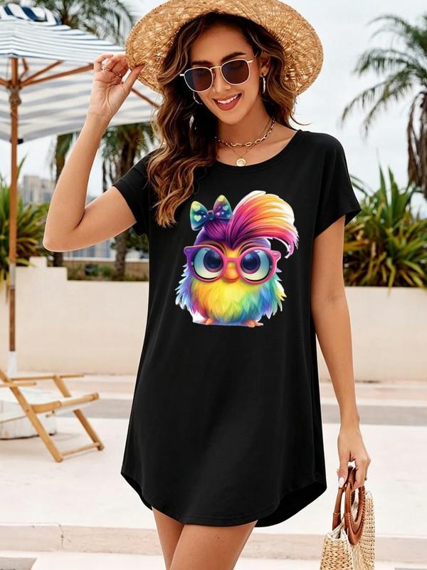 Women's Black Woven Curved Hem Tunic Mini Dress - Crew Neck, Short Sleeve, Lightweight, Cute Cartoon Bird Print (Rainbow Fluffy Bird with Pink Glasses, Bow), Y2K Kawaii Soft Loose, for Beach, Evening, Party