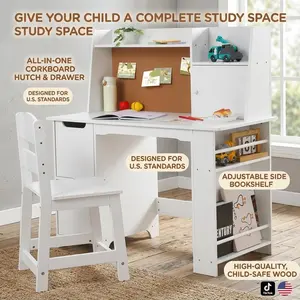 Garvee Wooden Kids Desk and Chair Set with Storage Shelf Bulletin Board & Drawers – Study Table for Boys and Girls Ages 3-8 – Writing Computer Table – Ideal for Home Learning – White
