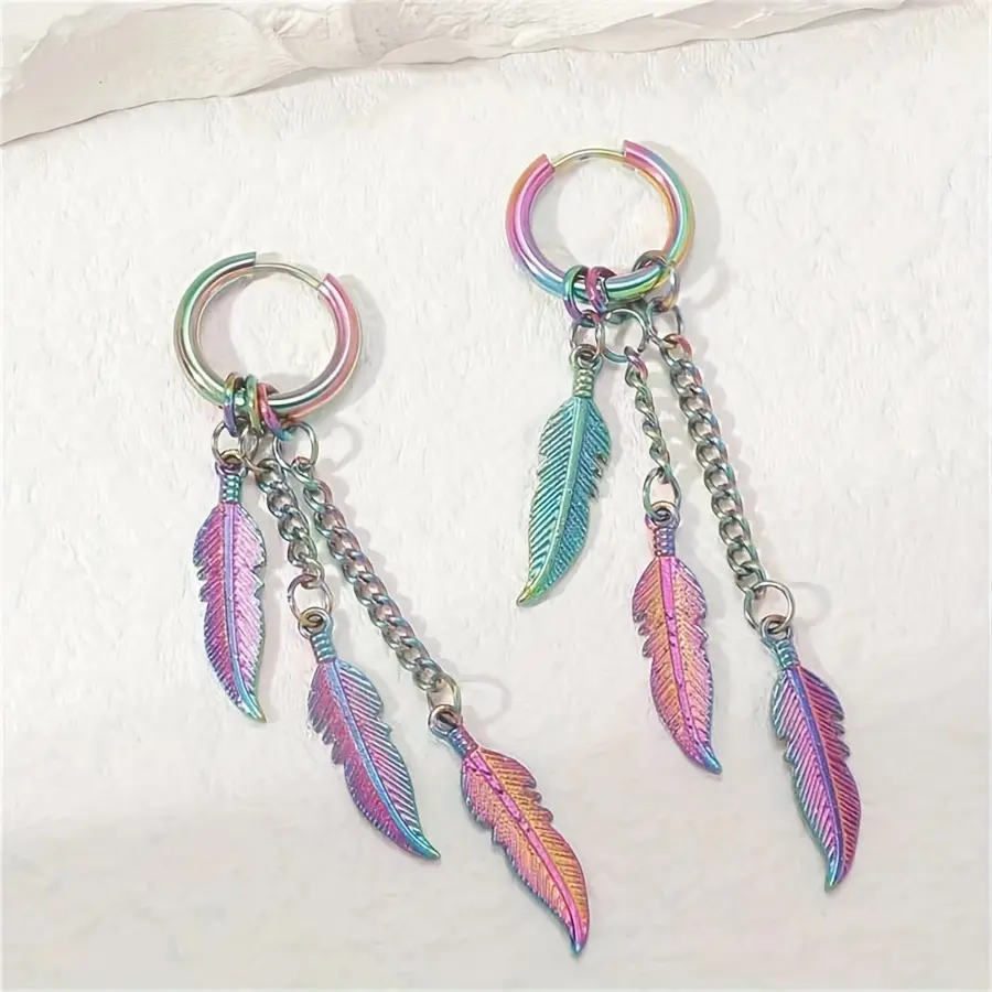 Colorful neutral  cool feather earrings, street charm earrings for men and women bikers
