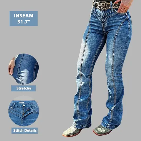 Flamingals Wash Stitch Detail High Waist Flare Jeans Without Belt Womenswear Stretchy 31.7" Inseam