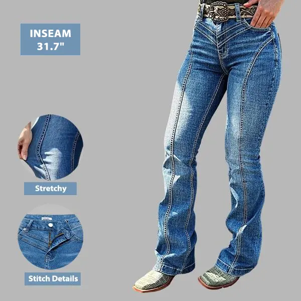 Flamingals Wash Stitch Detail High Waist Flare Jeans Without Belt Womenswear Stretchy 31.7" Inseam