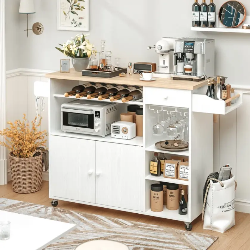 IRONCK Kitchen Island Cart with Drop-Leaf and Wine Rack, Microwave Rack Serving Cart on Wheels with Drawer & Shelves & Spice Rack & Cup Hanging