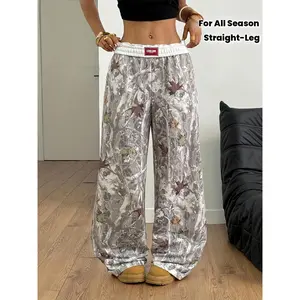 [Elegant Camouflage Trousers] Elegant Women's Camouflage Leaf Print Wide-Leg Trousers | Elastic Waist & Drawstring, All-Season Casual Pants with Pockets, Straight-Leg Design for Everyday & Formal