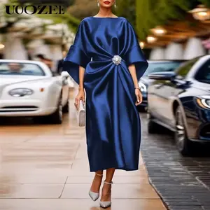 UOOZEE Women's 2025 Spring/Autumn Birthday Luxury Maxi Dresses, Solid Color Pleated Asymmetric Three-quarter Sleeves Loose Round-neck Elegant Long Dress Woman Clothes for Party&Dates(Smaller Bust Fit - Check Size Guide or Order One Size Larger) SpringStat