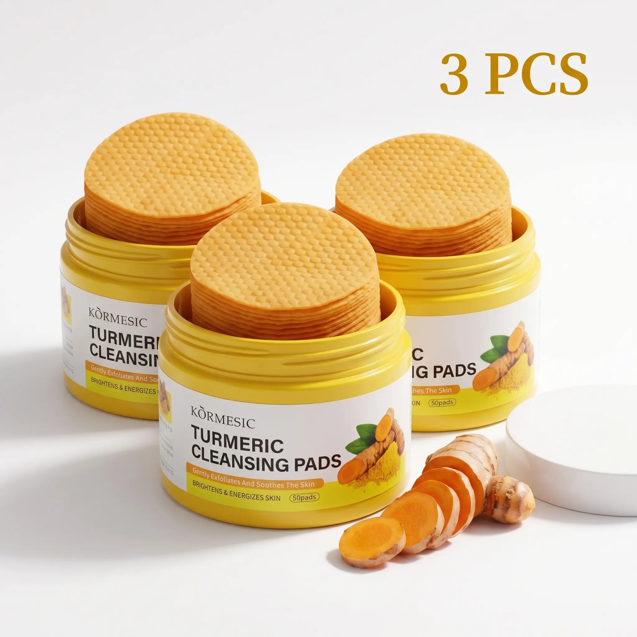 KORMESIC 3 PCS Daily Facial Turmeric Exfoliating Cleansing Pads (50/150 Count) - Gentle Salicylic Acid Formula for Dull Rough Skin, Brightening Pore-Minimizer with Centella & Olive Oil, Kojic Acid Skincare Essential