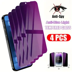 4pcs Anti Blue Light Privacy Protective Screen Protector For iPhone 17 Pro Max/17 Air/17/16 Pro Max/16/16e/15 Pro/15/14/13/12/11/Plus/Mini/X/XR/XS Max, 9H+ Hardness, Eye Protection Tempered Glass Film, Anti-scratch, Full Coverage, Anti-Peeping Glass