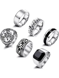 6 Pcs Mens Rings Stainless Steel Rings Stackable Rings Band Rings Celtic Knot Rings Cool Biker Rings Gothic Men's Rings Set Vintage Promise Rings Viking Rings Silver Gold Signet Rings for Men