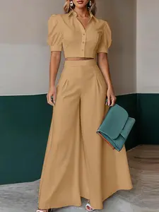 Women's Plain Color Commuter Street Fashion Chic Short Sleeve Bubble Hem Blouse Shirt Top + Wide Leg High Waist Pants Set, Two-Piece Womenswear Clothes