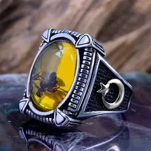 Men's Vintage Natural Agate Yellow Amber Ant Moon Silver Ring