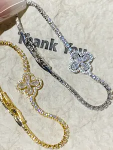 Gold & Silver Color Bracelet Set, Elegant Hollow Out Flower Zirconia Design, Unique Friendship Gift, All Seasons Jewelry