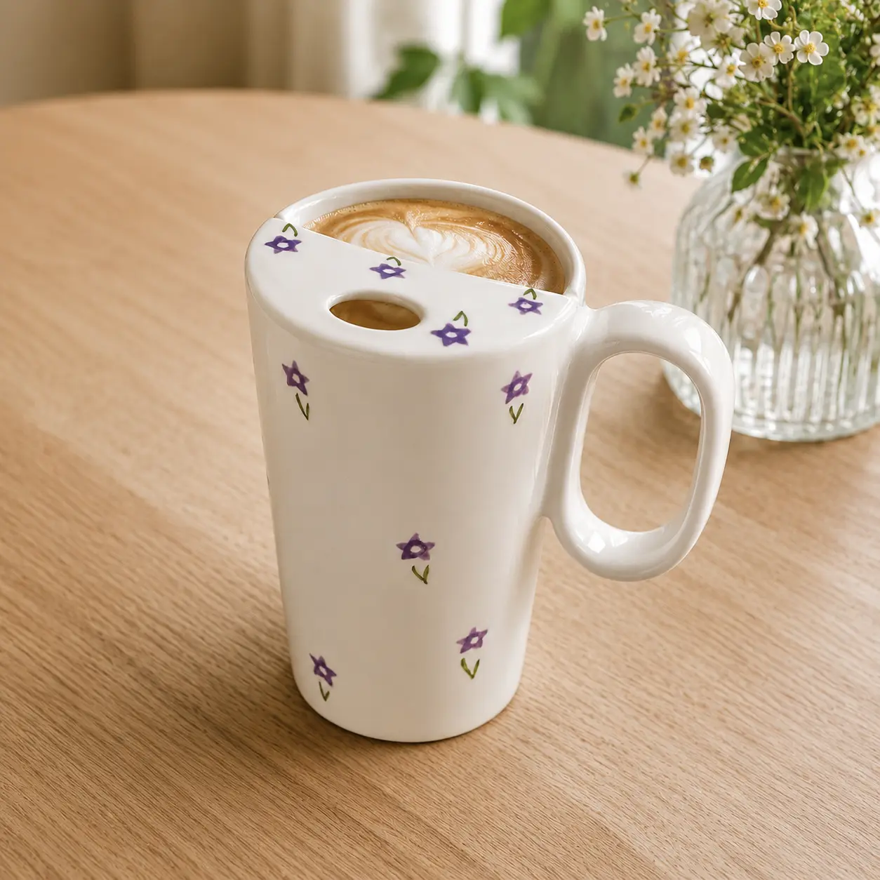 Purple Flower Handle Mug 12oz Ceramic Coffee Cup Handmade with Lid Microwave and Dishwasher Safe Reusable Perfect Gift for Coffee Lovers Great for Mother's Day   11