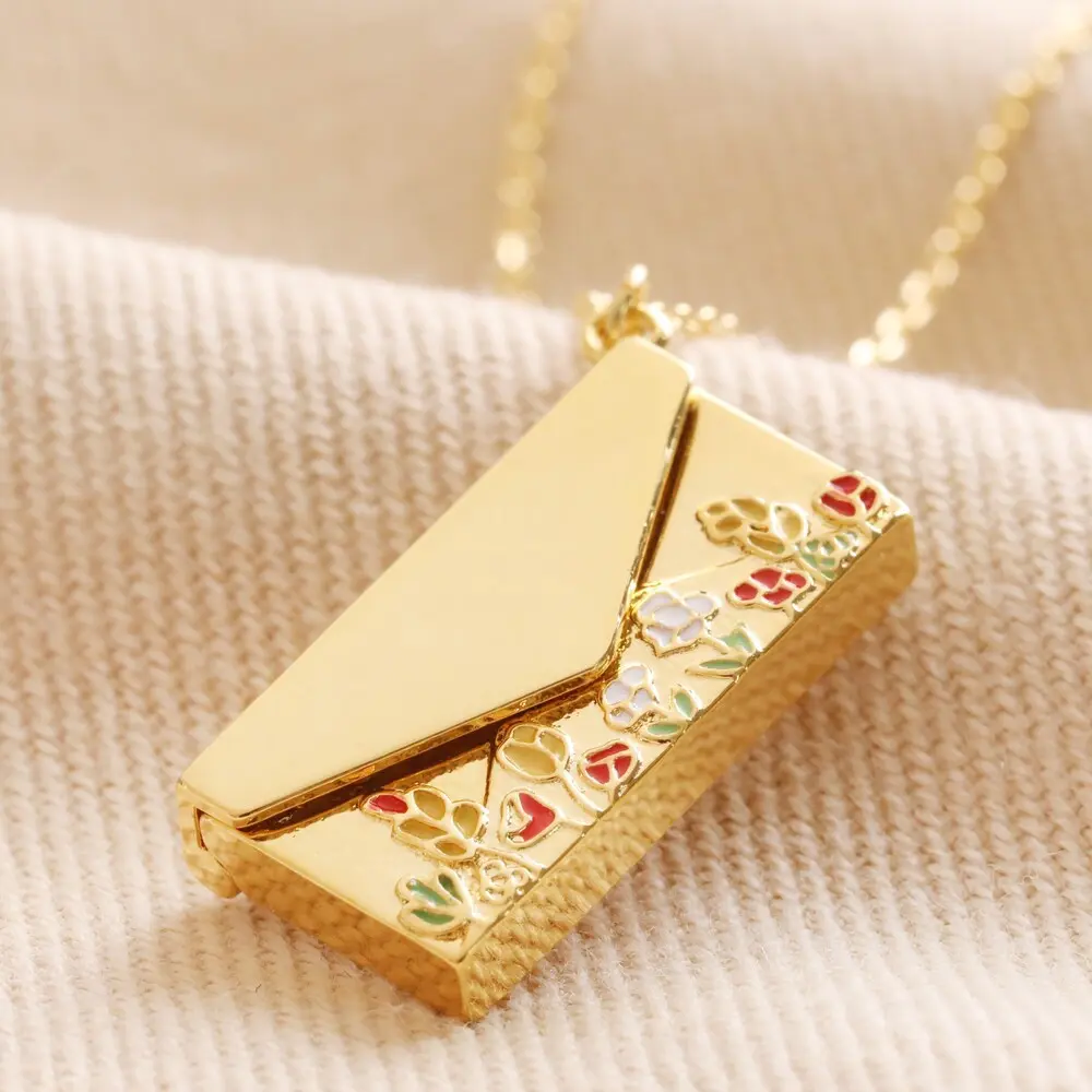 Openable Envelope Photo Necklace 18K Gold Plated Floral Love Letter Locket with Custom Name Engraving Gift for Mom or Her Elegant Design Photo Holder