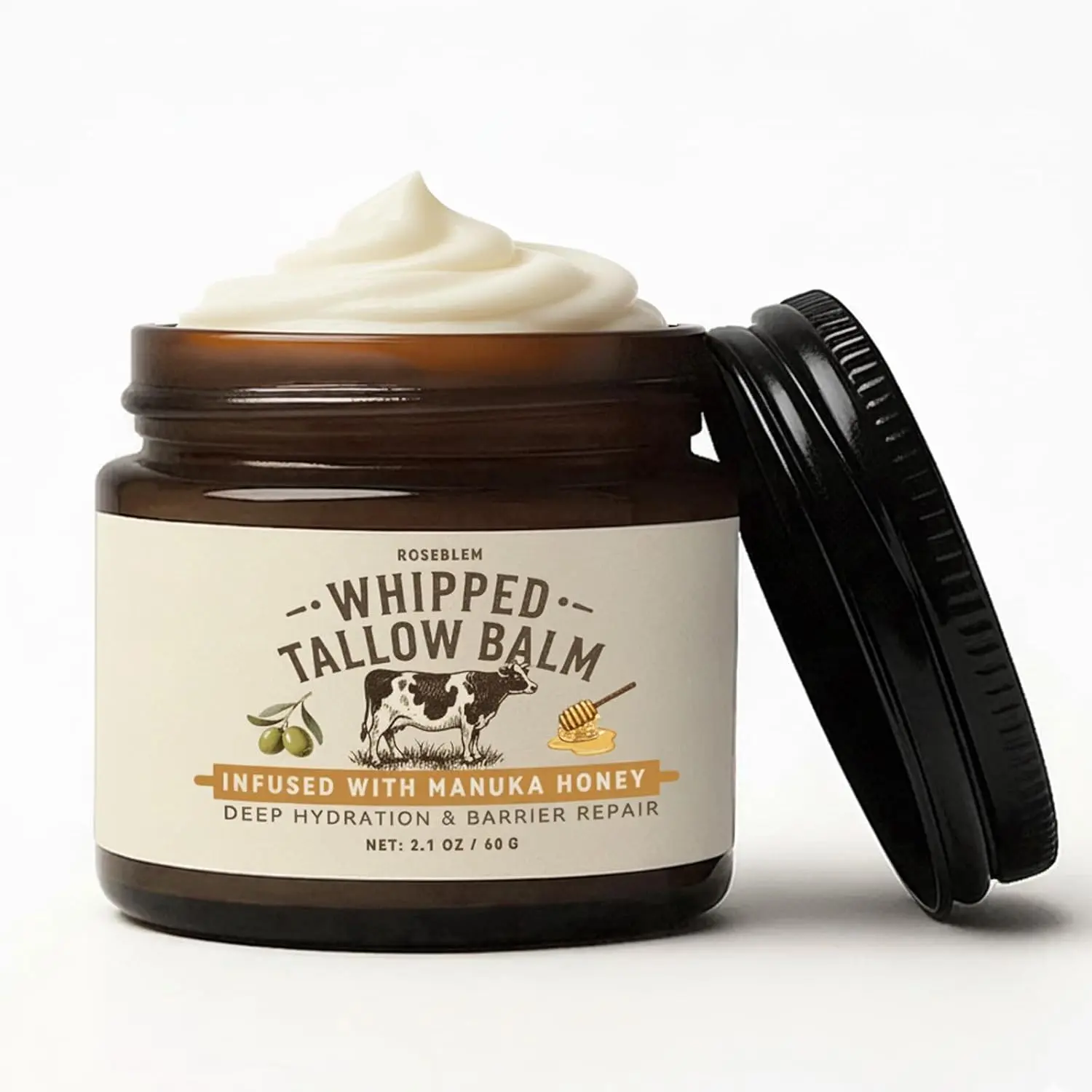 Whipped Tallow Honey Balm, Beef Tallow for Skin Face, 100% Organic Grass-Fed Beef Tallow Balm with Raw Honey, Hydrating Repairing Tallow Face Moisturizer for Dry & Sensitive Skin, 2.1 Oz