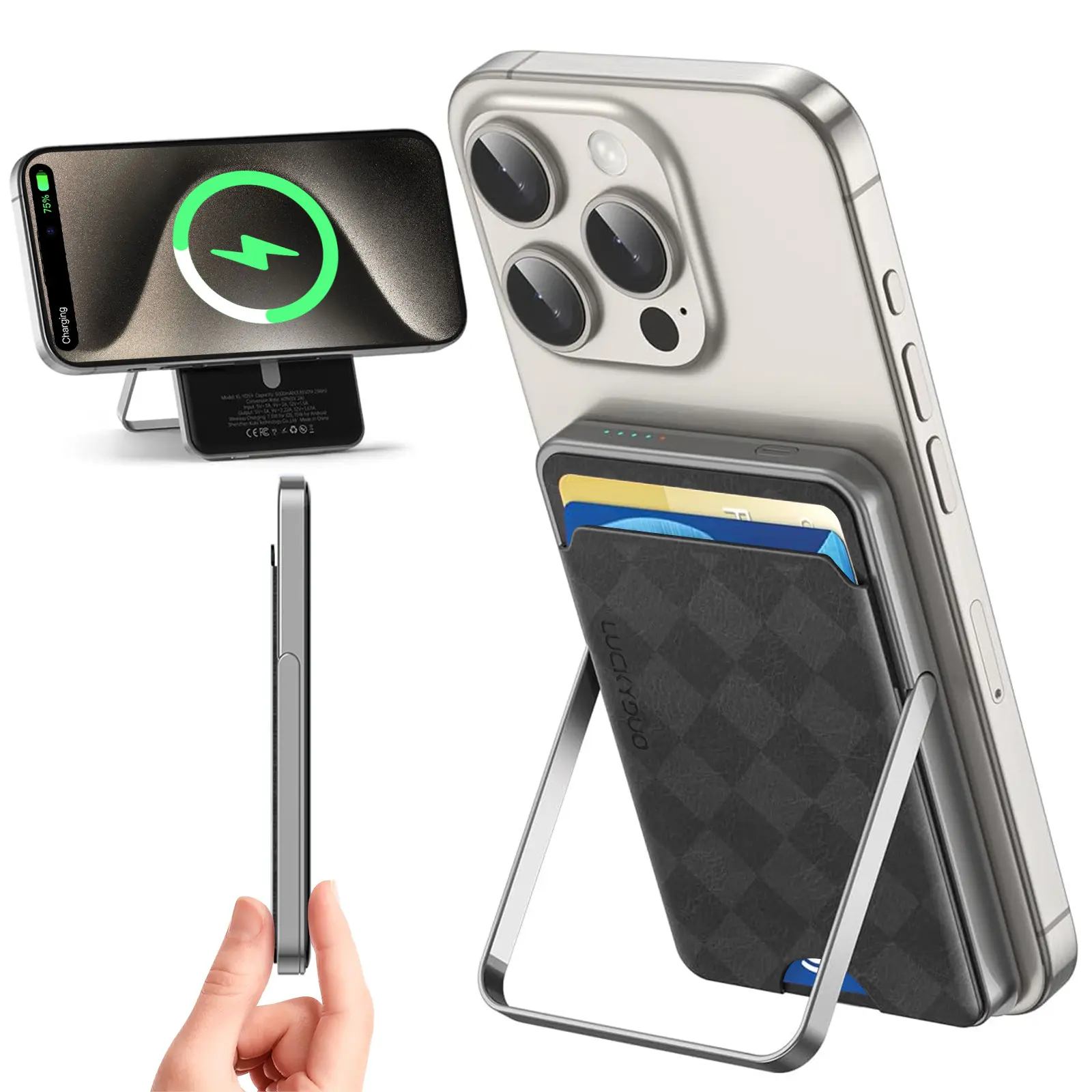 LUCKYDUO Wireless Portable Charger with Mag safe Wallet/Stand 5,000 mAh,Ultra Slim Mag-safe Battery Pack with Phone Holder,Compact Magnetic Power Bank Compatible with Magsafe iPhone 15/14/13/12 Series
