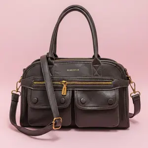 [Summer Picks] A versatile leather-like satchel with multiple pockets, top handles, an adjustable strap, and a light beige interior with internal zip compartments, making it a stylish and practical choice for daily use.