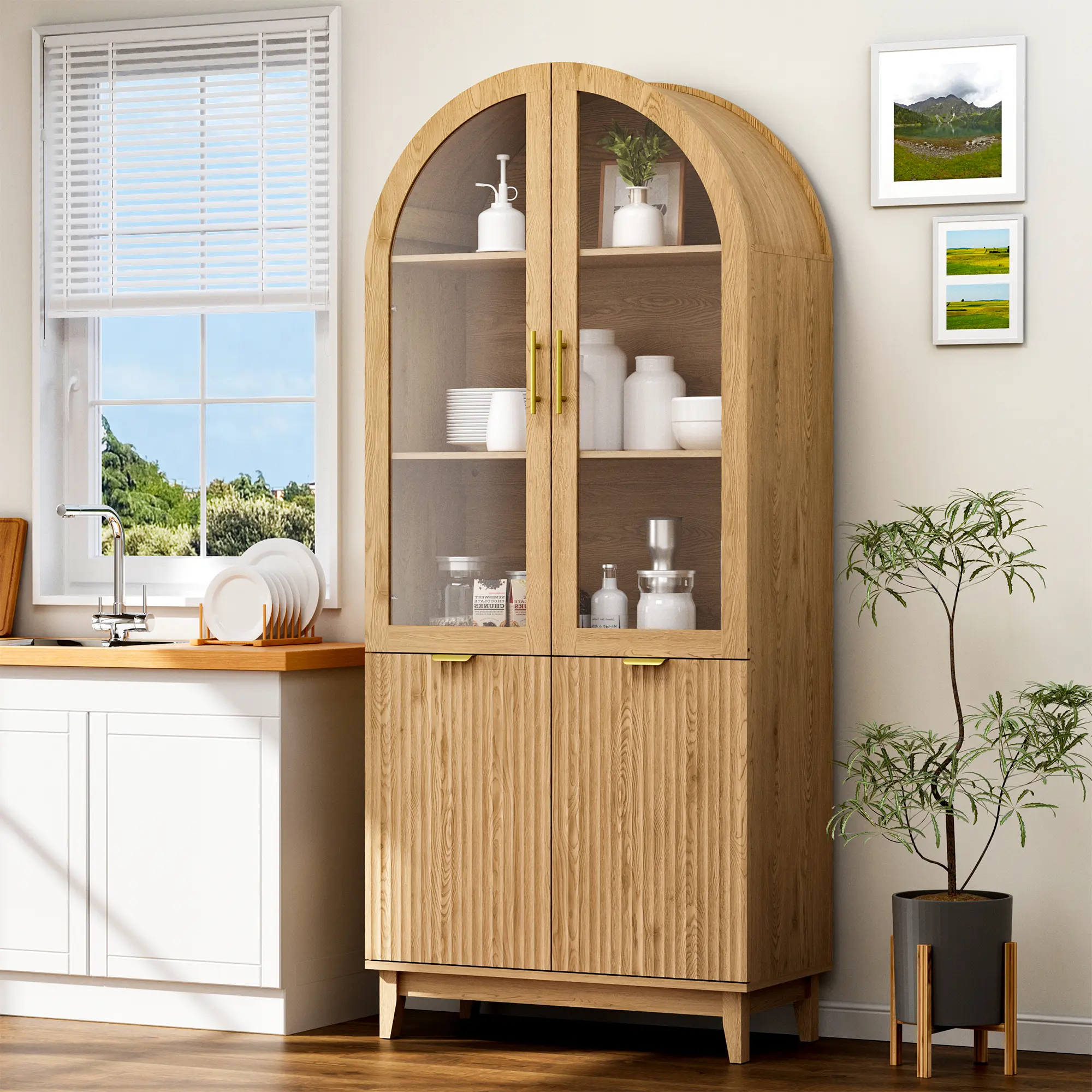 71" Tall Sturdy Arced Wood China Cabinet - Kitchen Cupboard with 3-Section Dual Engineered Easy-Install Glass Fluted Panel Doors, Adjustable Shelf, Natural Finish for Kitchen, Living Room Storage